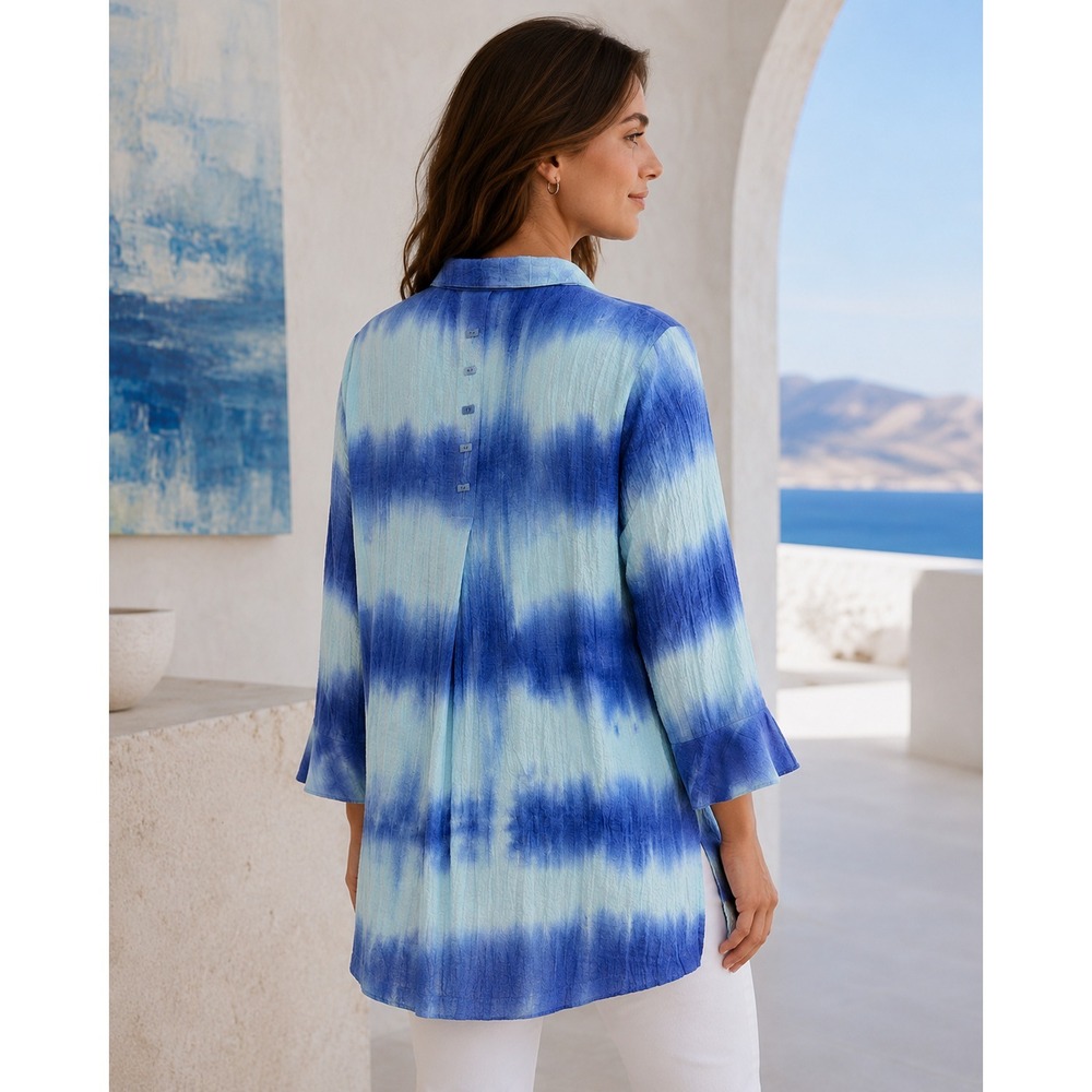 Ali Miles Crinkle Tie Dye Button Up Top Small Blue Boho Artsy Lagenlook Blouse - Picture 10 of 13
